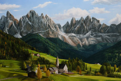pintura-em-tela-de-Vila-de-Santa-Madalena-Dolomitas-Italia-por-Elto-Brunetti