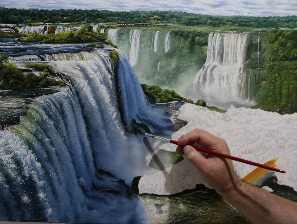 Elton Brunetti pintando uma paisagem de Cataratas do Iguaçu