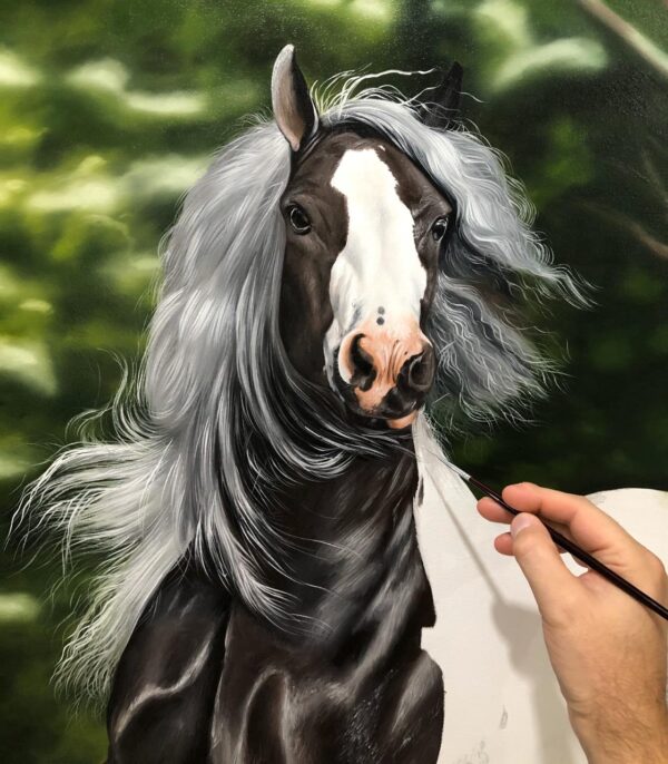 Detalhe 1 do Quadro pintura Cavalo Frisio 80x100- Elton Brunetti
