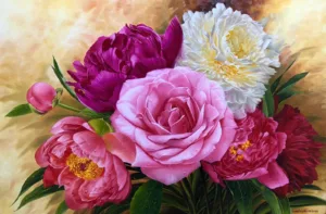 quadro pintura floral peonia e rosa 60x90 cm - Elton Brunetti