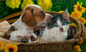 Pintura de um gatinho e cãozinho pequenos amigos por elton brunetti