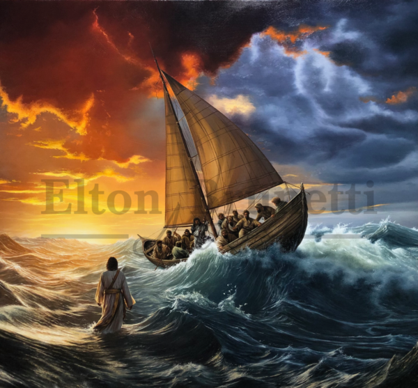 Jesus anda sobre as águas (Mt 14:22-32), óleo sobre tela de linho 80 x 120 cm - Imagem 5