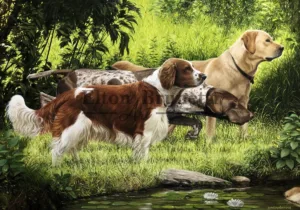 pintura Cães de caça, óleo sobre tela de linho sintético 70 x 100 cm - Elton Brunetti