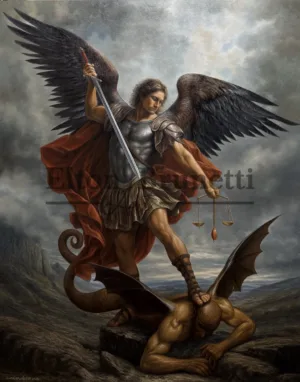 Arcanjo Miguel derrotando satanás, óleo sobre tela 80 x 100 cm